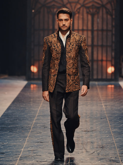 Deep Brown Hand Embroidered Jacket With Embroidered Pants