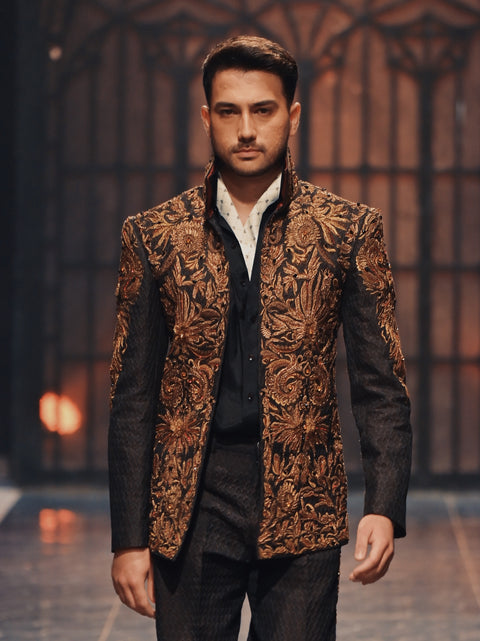 Deep Brown Hand Embroidered Jacket With Embroidered Pants