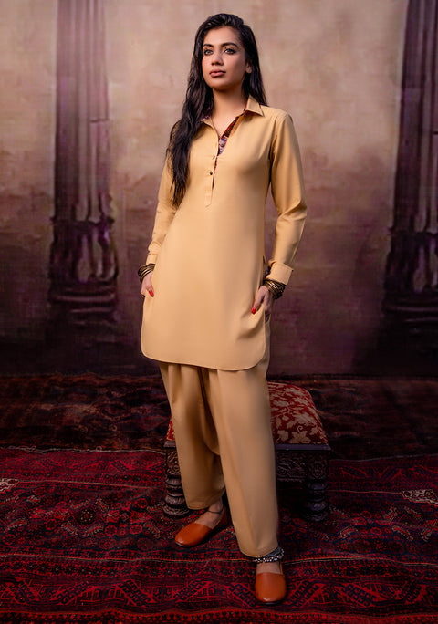 Dyas fitted beige cotton shalwaar kameez with pockets for women by Parishae Adnan