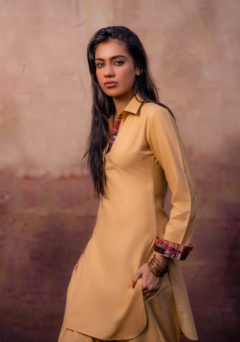 Dyas fitted beige cotton shalwaar kameez with pockets for women by Parishae Adnan